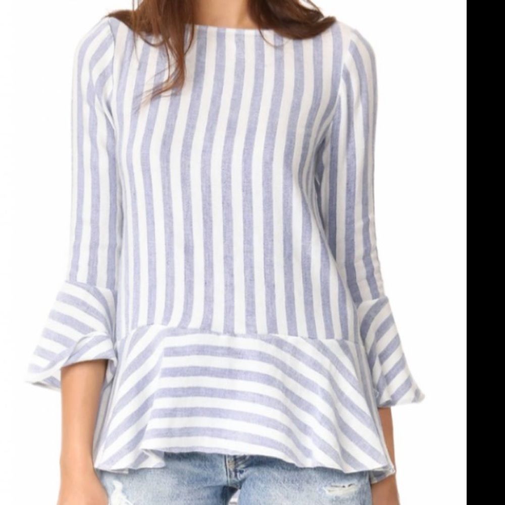 Revolve Alice + Olivia White Doyle Trumpet Sleeve Striped Blouse